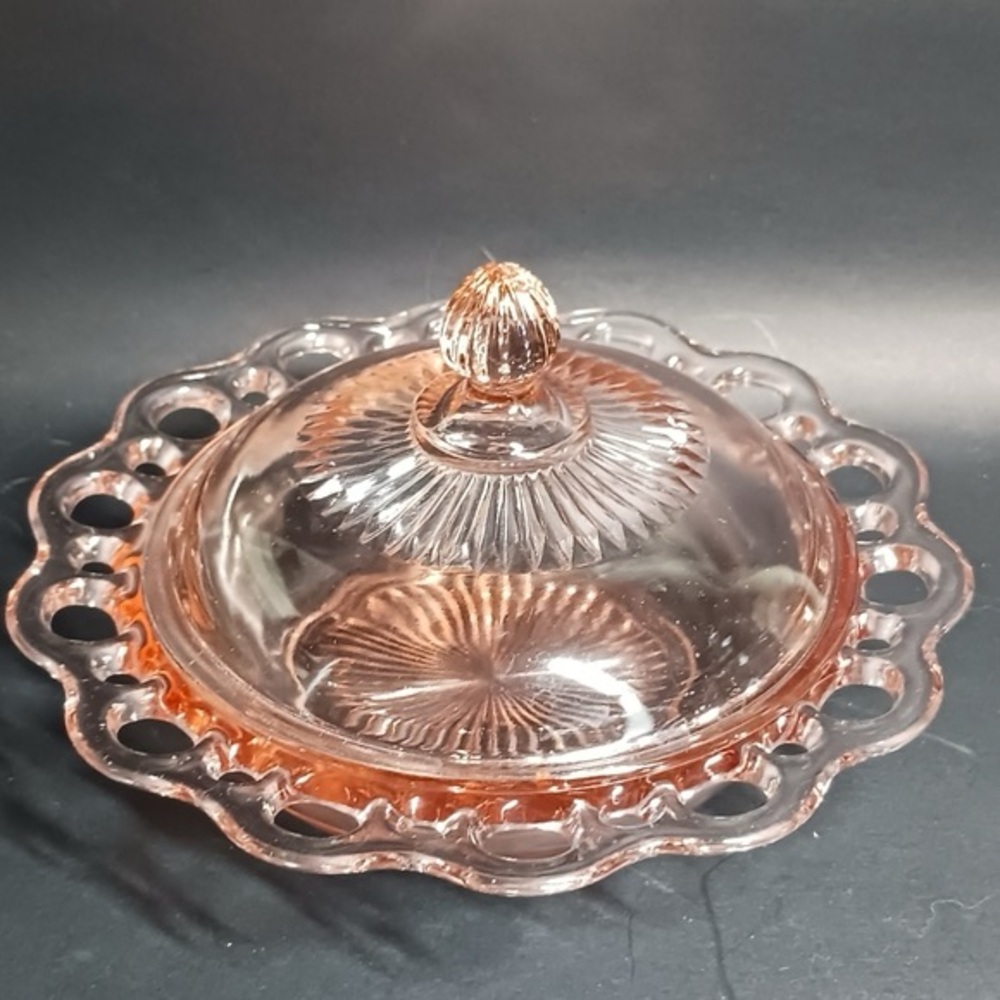 Anchor Hocking USA Old Colony Open Lace Edge Pink Bon Bon Candy Butter Dish